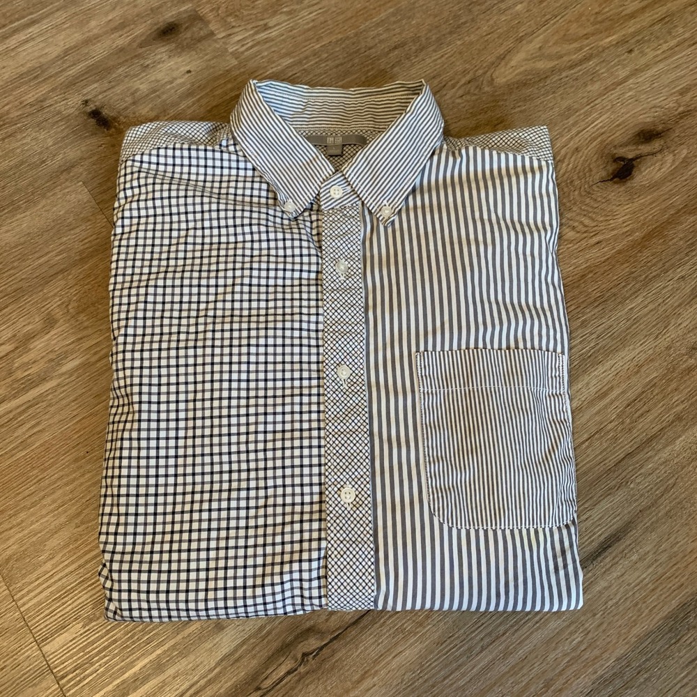 Uniqlo Mens Patchwork Mixed Pattern Button Down Shirt Navy White Cotton Large